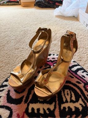 Jimmy Choo Metallic Gold Wedge Sandals with Ankle Strap